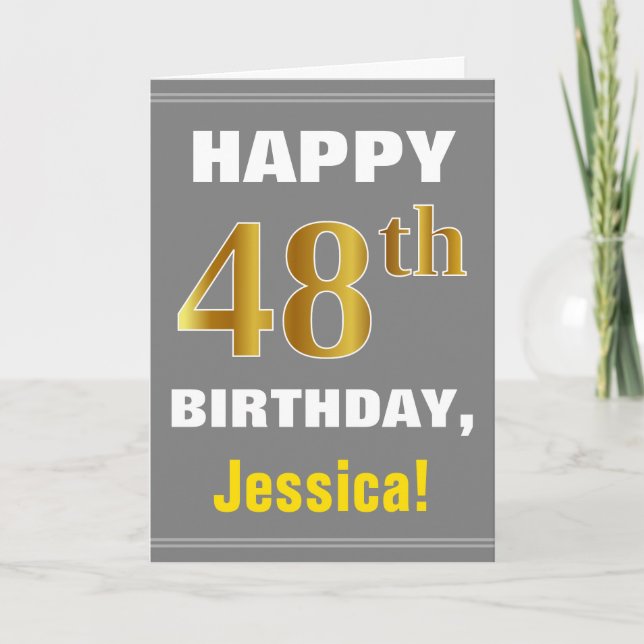 Bold, Grey, Faux Gold 48th Birthday w/ Name Card (Front)