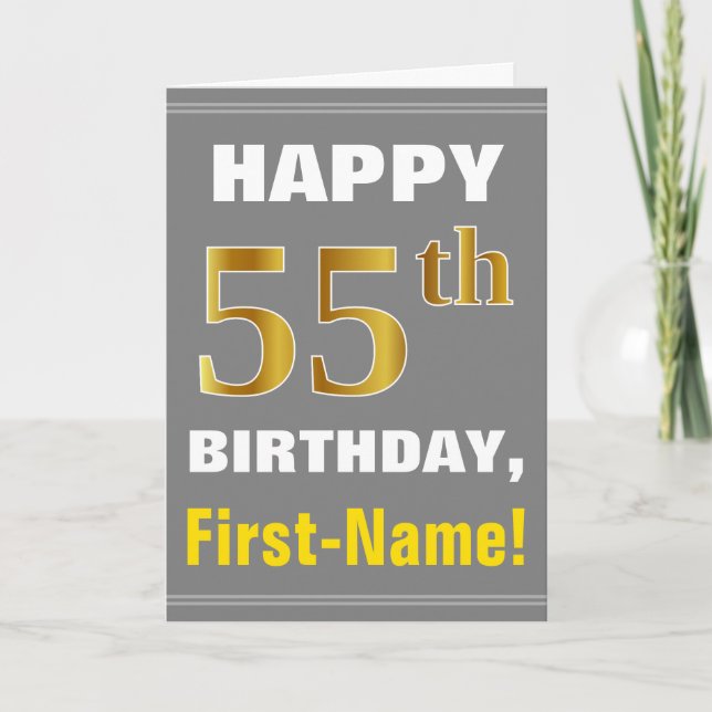 Bold, Grey, Faux Gold 55th Birthday w/ Name Card (Front)