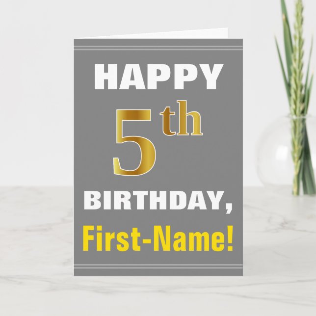 Bold, Grey, Faux Gold 5th Birthday w/ Name Card (Front)
