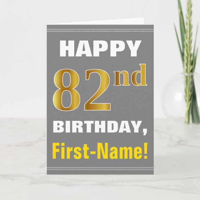 Bold, Grey, Faux Gold 82nd Birthday w/ Name Card (Front)