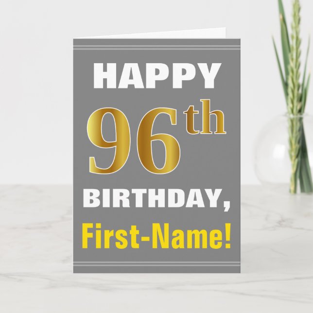 Bold, Grey, Faux Gold 96th Birthday w/ Name Card (Front)