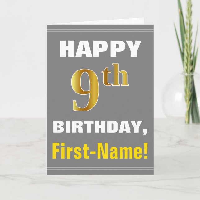 Bold, Grey, Faux Gold 9th Birthday w/ Name Card (Front)