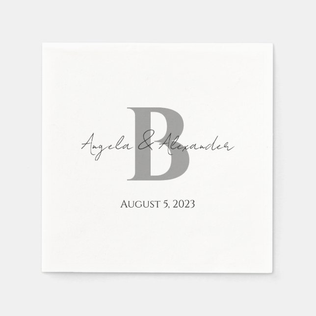 Bold Grey Wedding Monogram White Napkin (Front)