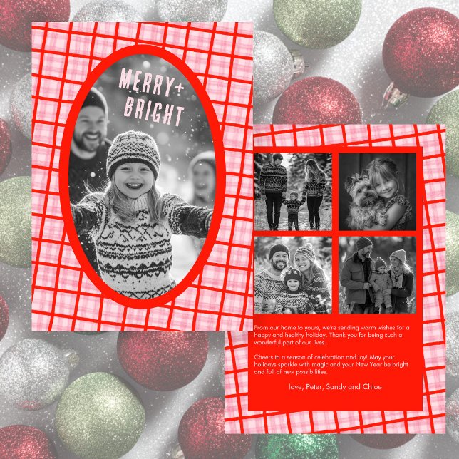 Bold Grid Pink Red Christmas Custom Photo Collage Holiday Card (Bold Grid Pink Red Plaid Gingham Christmas Custom Photo Collage Holiday Card Merry and Bright
)