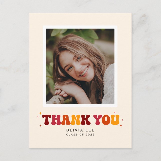 Bold Groovy Retro Graduation Thank You Postcard (Front)