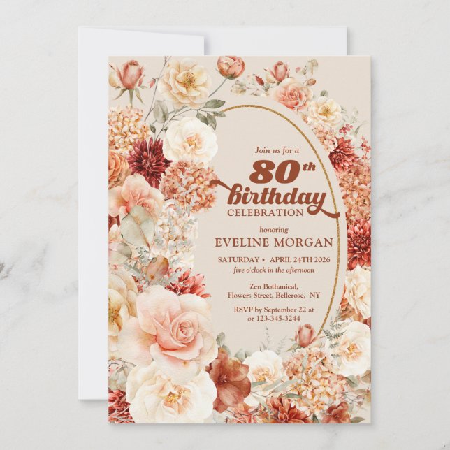 Bold groovy terracotta rusty ivory 80th birthday invitation (Front)
