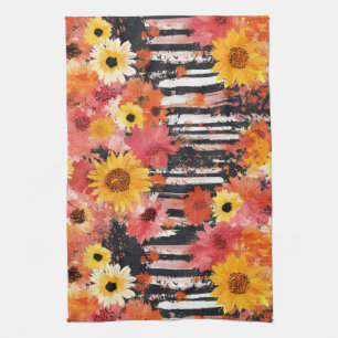 Bold Grunge Floral Black Orange Pink Pattern Tea Towel
