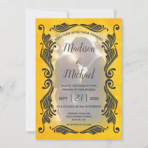 Bold Grunge Yellow Grey Ornamental Wedding Invitation