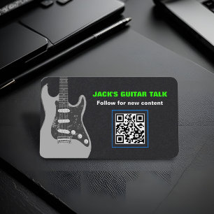Bold Guitar Musician Modern Black Bright Green QR Business Card