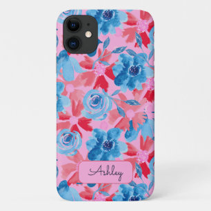 Bold Hand Painted Floral Red Blue Pink Monogram Case-Mate iPhone Case