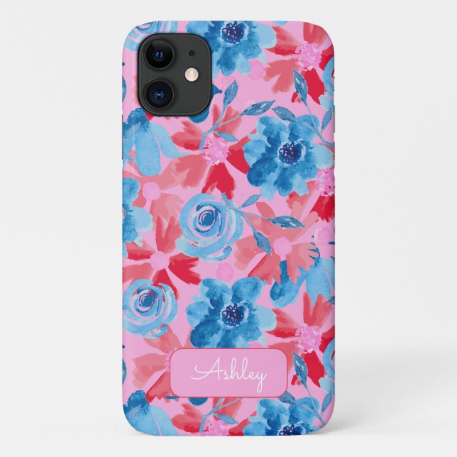Bold Hand Painted Floral Red Blue Pink Monogram Case-Mate iPhone Case (Back)