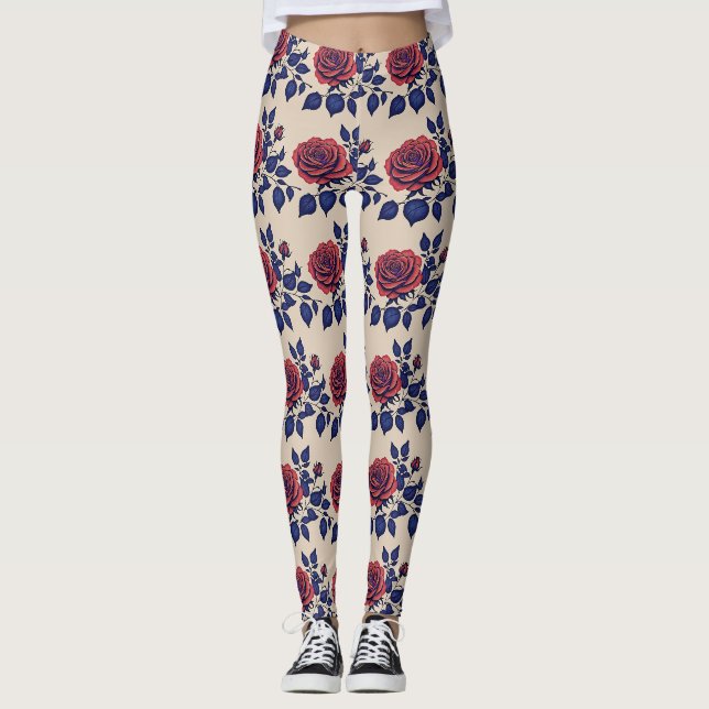 Bold Hand Painted Red Roses  Leggings (Front)