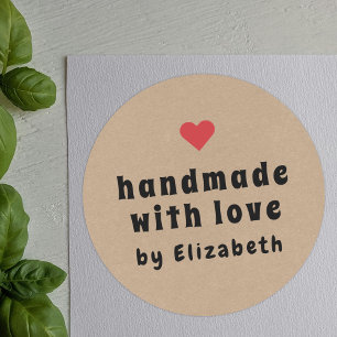 Bold Handmade with Love Red Heart Kraft Classic Round Sticker