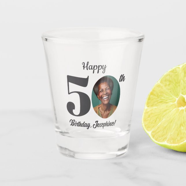 Bold Happy 50th Birthday Photo Shot Glass (Front)