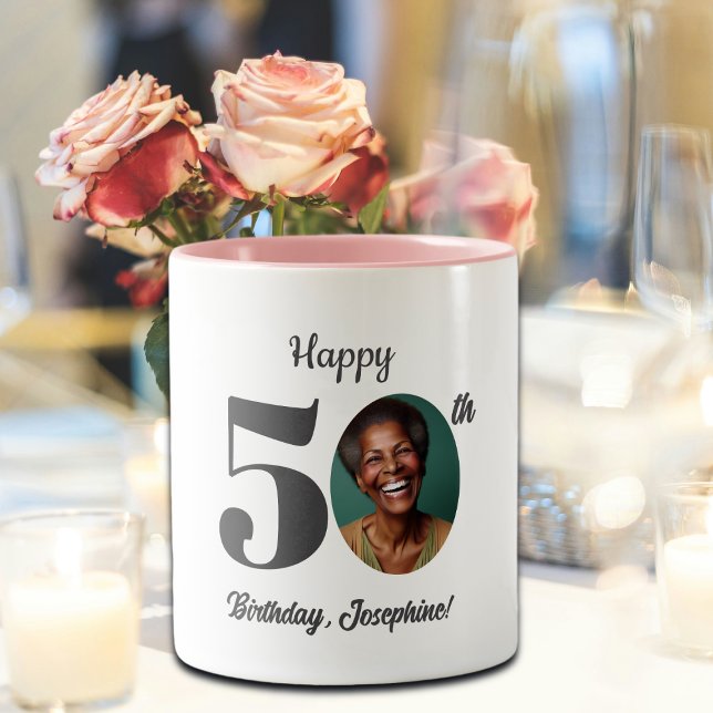 Bold Happy 50th Birthday Photo Two-Tone Coffee Mug (Creator Uploaded)