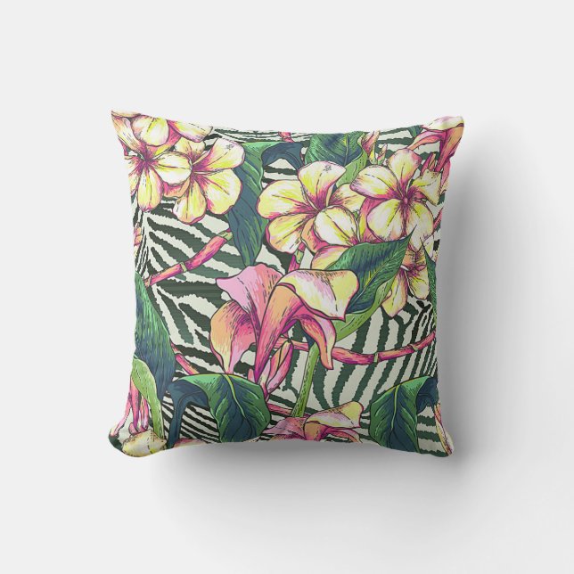 Bold HAWAIIAN Floral Monstera Leaves & Plumeria Cushion (Front)