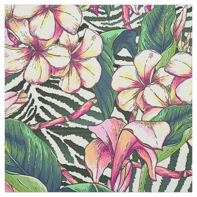 Bold HAWAIIAN Floral Monstera Leaves & Plumeria Fabric (Swatch)