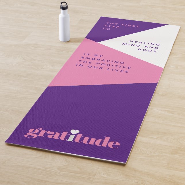 Bold Heart Purple Pink Gratitude Affirmations Yoga Mat (In Situ)