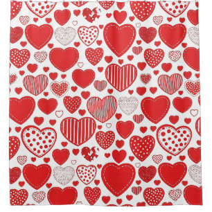 Bold Heart Red White Black Romantic Doodles Shower Curtain