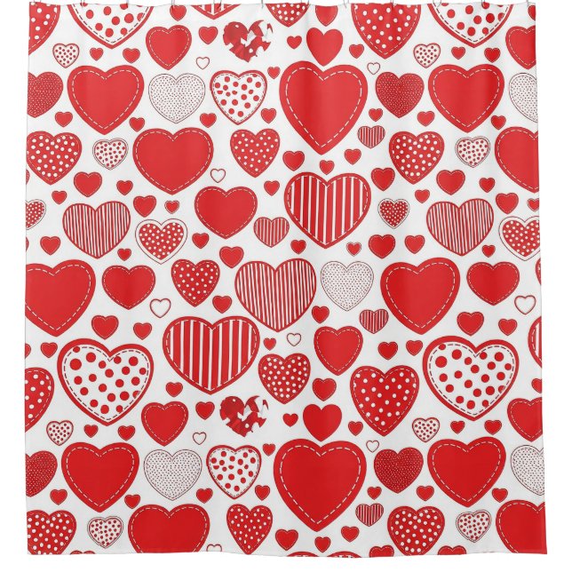 Bold Heart Red White Black Romantic Doodles Shower Curtain (Front)