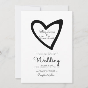 Bold Heart Slanted Drawn Black Wedding Invitation