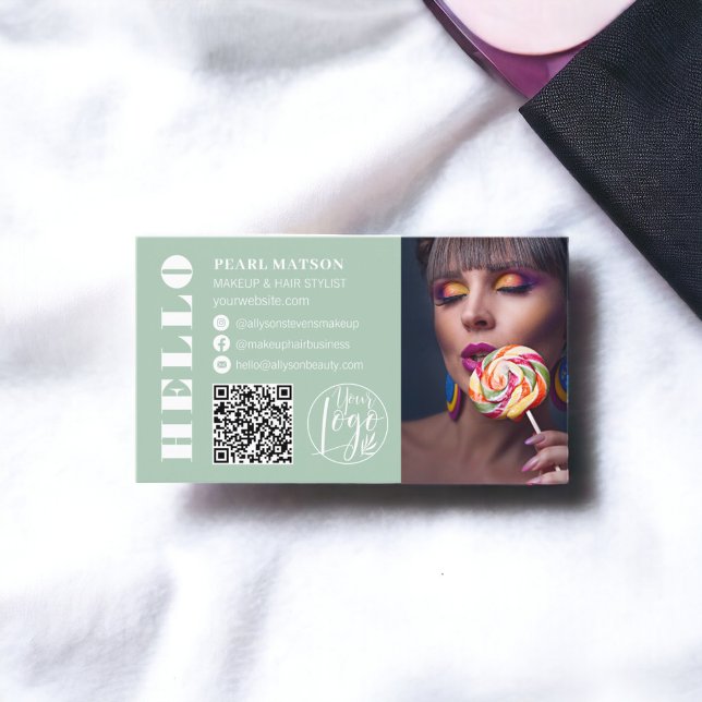 Bold hello green Qr photo logo social media  Business Card (Bold hello green Qr photo logo social media Business Card)