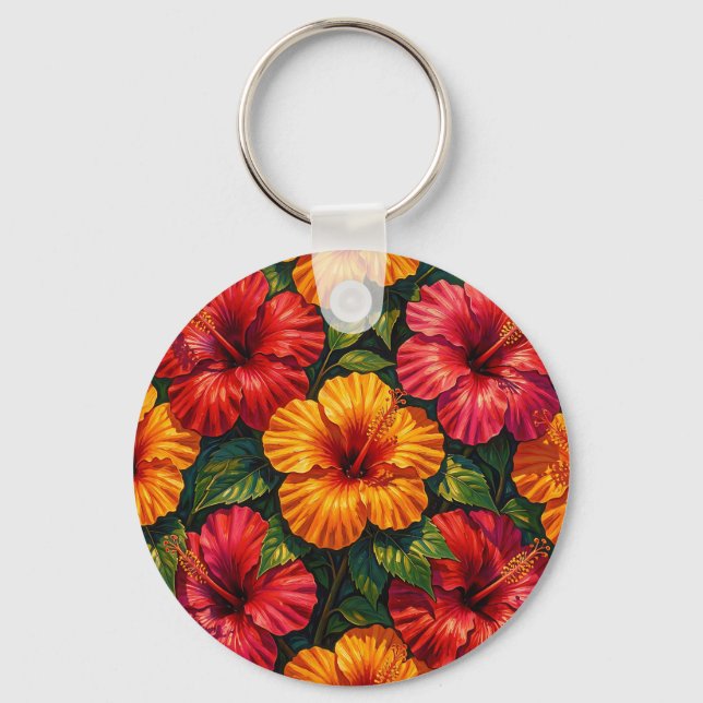 Bold Hibiscus Flowers Tropical Sunset Pattern Key Ring (Front)