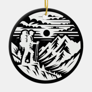 Bold Hiker Silhouette - Mountain Landscape Ceramic Tree Decoration