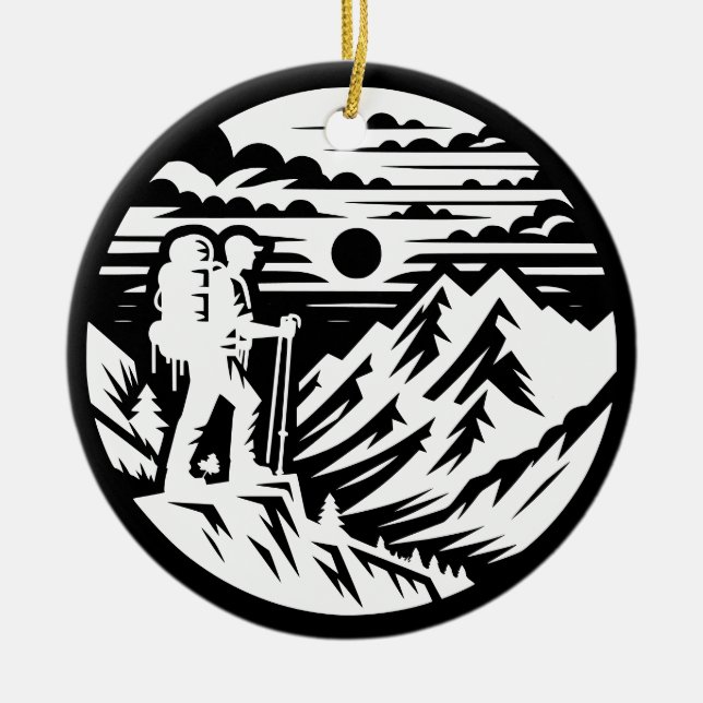 Bold Hiker Silhouette - Mountain Landscape Ceramic Tree Decoration (Front)