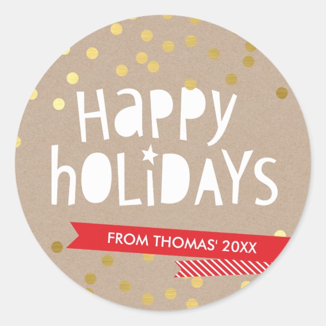 BOLD HOLIDAY TYPOGRAPHY trendy gold confetti kraft Classic Round Sticker (Front)