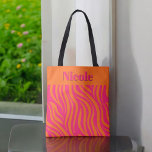 Bold Hot Pink and Orange Abstract with Name Tote Bag<br><div class="desc">Bright and bold, this stylish hot pink and orange tote design makes an awesome bridesmaid's gift to fill with items for a bridesmaid's getaway or girl's night out. It's also a nice fashion accessory for ladies to use as a handy carryall for shopping, school, and errand-running. Personalise the text template...</div>