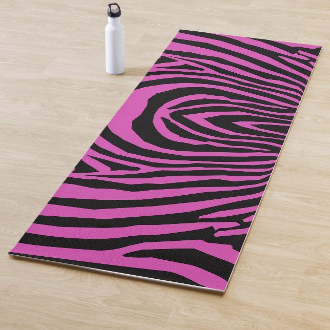 BOLD HOT PINK & BLACK ANIMAL PRINT STRIPE PATTERN YOGA MAT (In Situ)