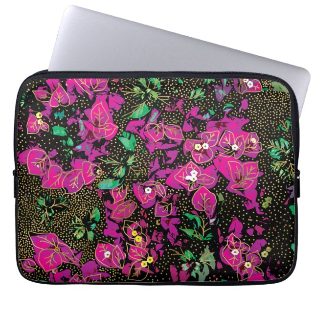 Bold Hot Pink Bougainvillea Polka Dot Pattern Laptop Sleeve (Front)
