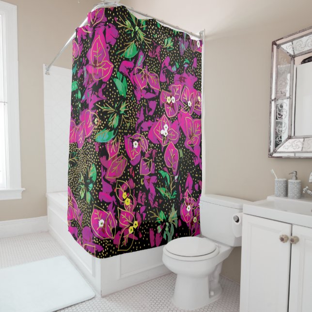 Bold Hot Pink Bougainvillea Polka Dot Pattern Shower Curtain (In Situ)