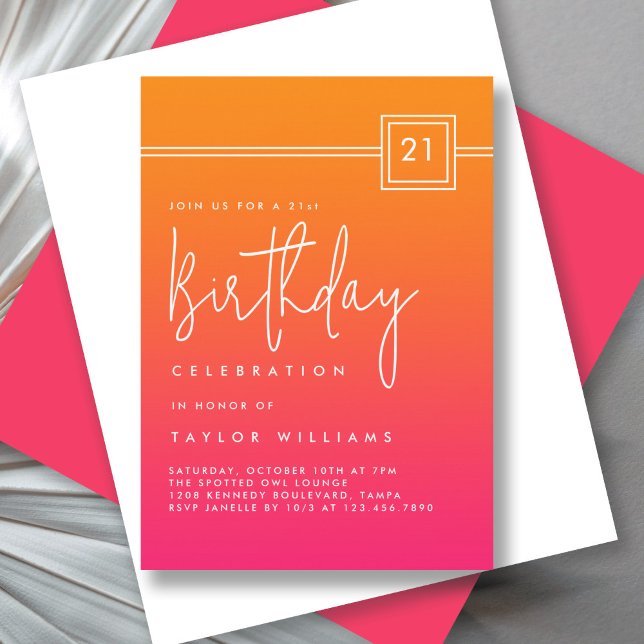 Bold Hot Pink Orange Simple Minimal 21st Birthday Invitation (Available in both printed and instant download digital formats.)