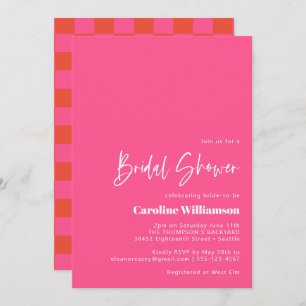 Bold Hot Pink Red Retro Chequerboard Bridal Shower Invitation