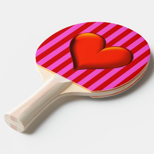 Bold Hot Pink, Red Stripes, Red Metallic Heart Ping Pong Paddle (Front Angle)