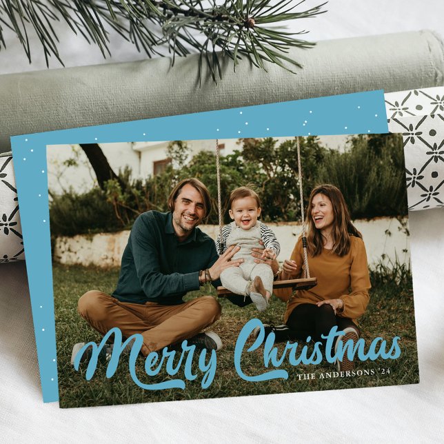 Bold Ice Blue Retro Script Merry Christmas 2 Photo Holiday Card (Creator Uploaded)