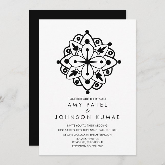 Bold Indian Hindu Black White Wedding  Invitation (Front/Back)