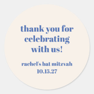 Bold Ivory Blue Custom Cute Bat Mitzvah Thank You Classic Round Sticker
