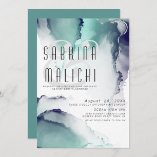 Bold Jade and Navy Blue Modern Fluid Ink Invitation