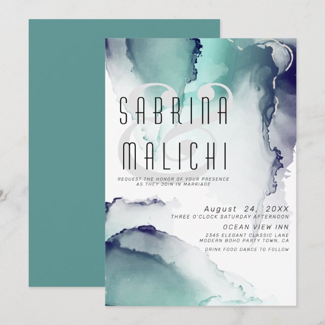 Bold Jade and Navy Blue Modern Fluid Ink Invitation (Front/Back)