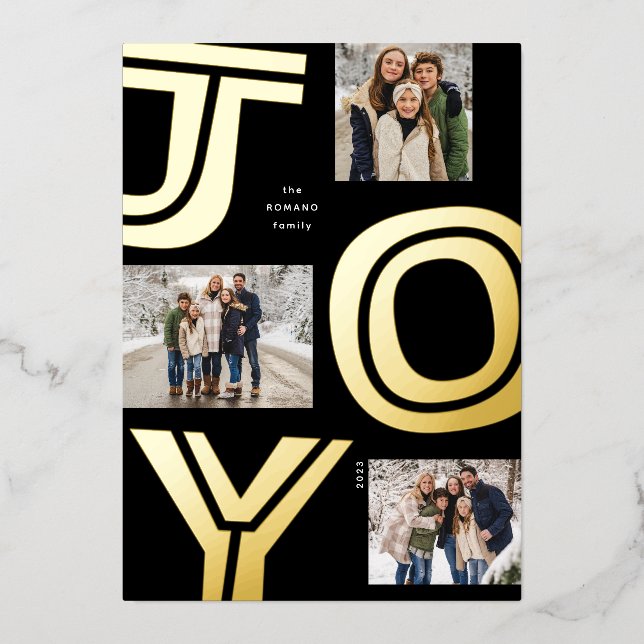 Bold joy modern unique three photo gold Christmas (Front)