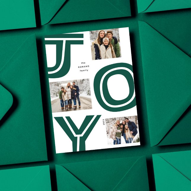 Bold joy simple modern green three photo Christmas Holiday Card (Creator Uploaded)