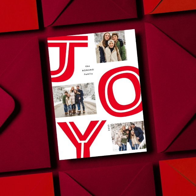 Bold joy simple modern red three photo Christmas Holiday Card (Creator Uploaded)