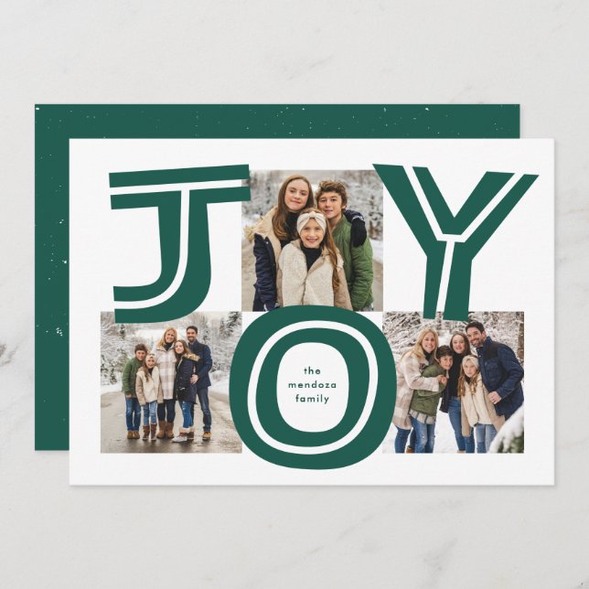 Bold joy three photo modern red Christmas Holiday Card (Front/Back)