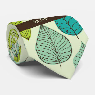 Bold Leaves in Green and Blue with Initials Tie