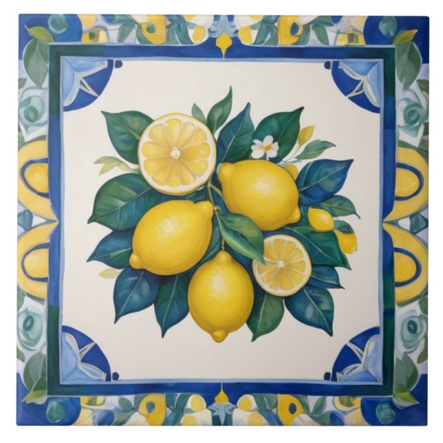 Bold Lemons Dark Blue Green Yellow Lemon Tile (Front)