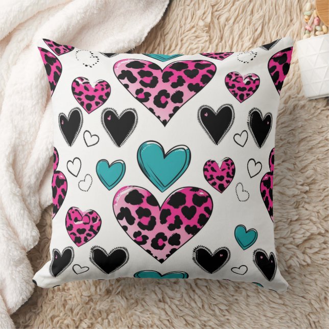 Bold Leopard Heart Love – Pink, Black & Teal (2) Cushion (Blanket)