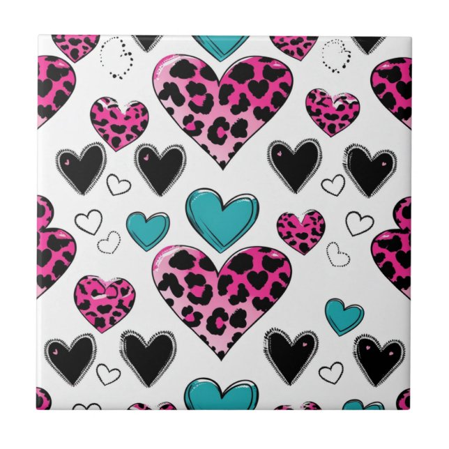 Bold Leopard Heart Love – Pink, Black & Teal (2) Tile (Front)